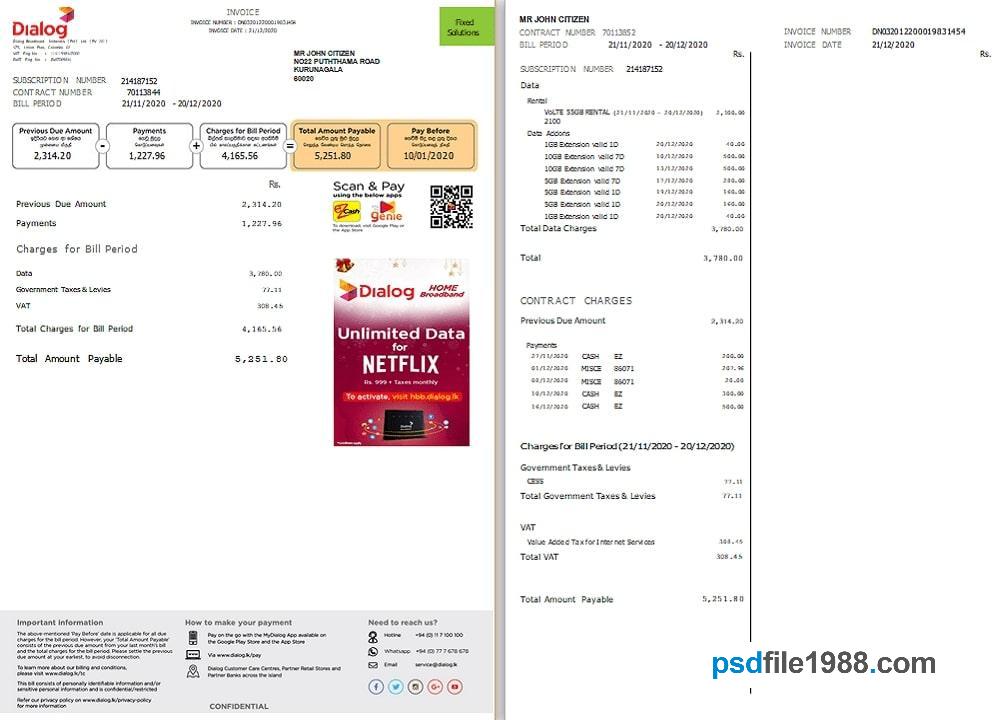 Sri Lanka Dialog Utility Bill 2 Pages